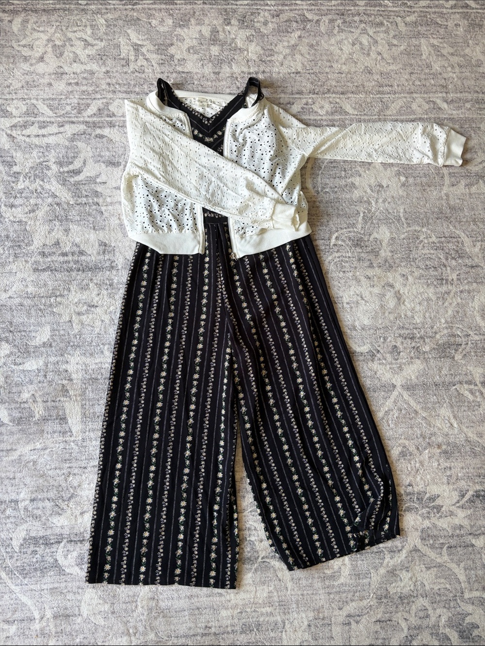 Girl’s Black Floral-Stripe Wide-Leg Jumpsuit and White Sweater